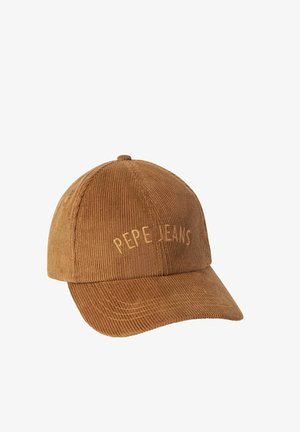 Brązowa czapka baseballowa z korduroy z zakrzywionym daszkiem, na przednim panelu haftowane logo "PEPE JEANS" w dopasowanym kolorze.