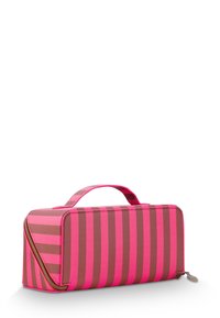 Rechthoekige cosmetica tas in roze en bruine strepen, gemaakt van textuurmateriaal, met een handvat aan de bovenkant en een ritsluiting aan één kant.