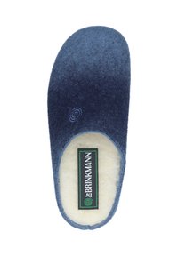 Wool slipper in gradient blue, featuring a soft cream interior lining and a swirl logo detail. Closed-toe design with no visible hardware.