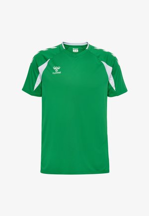 Grünes Sporttrikot mit kurzen Ärmeln und weißen Akzenten auf Schultern und Achseln, mit dem Hummel-Logo auf der Brust.