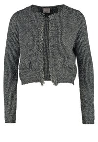 Knitted cropped cardigan in gray with fringe detailing, long sleeves, and open front. Features textured pattern and two front pockets.