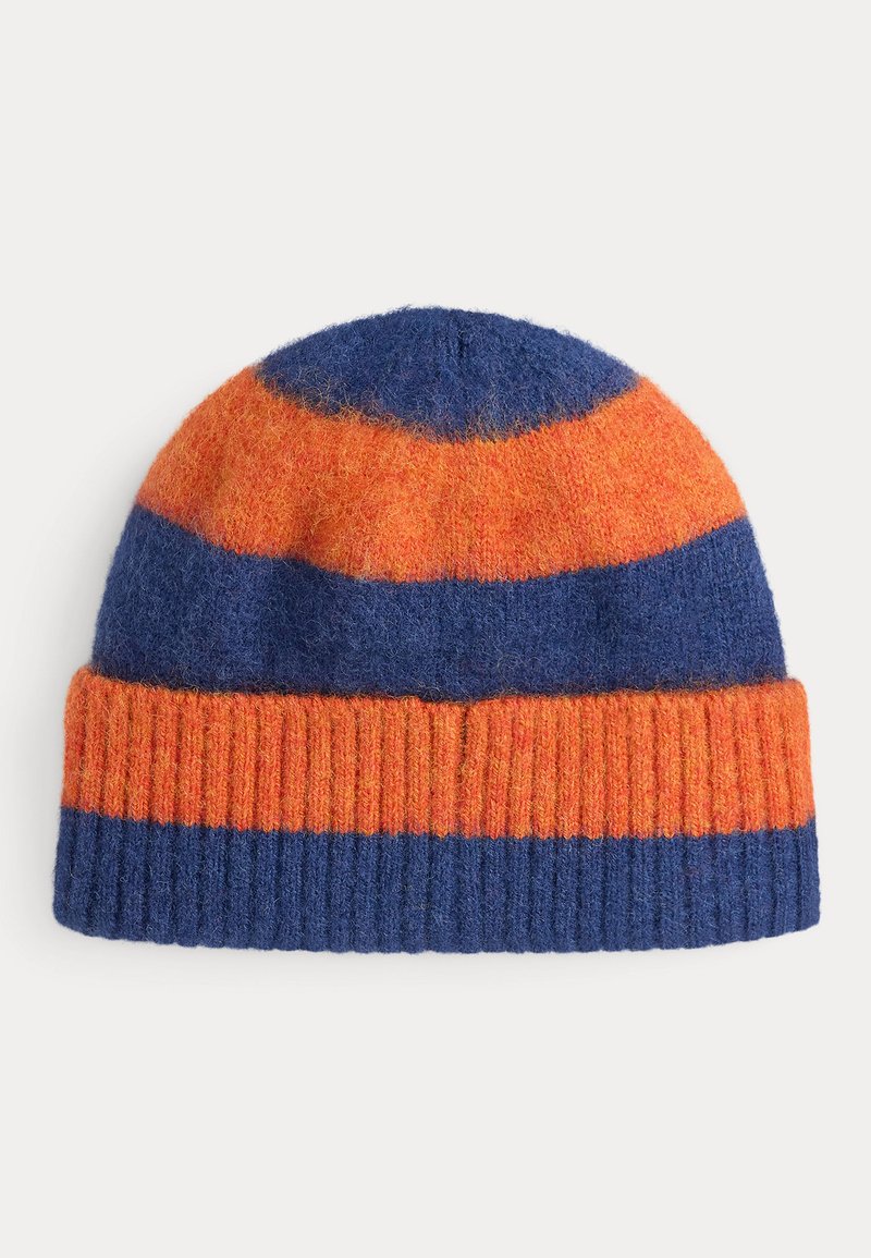 Gorro de lana tejido, con franjas alternas en naranja y azul marino, con un borde acanalado y una textura suave.