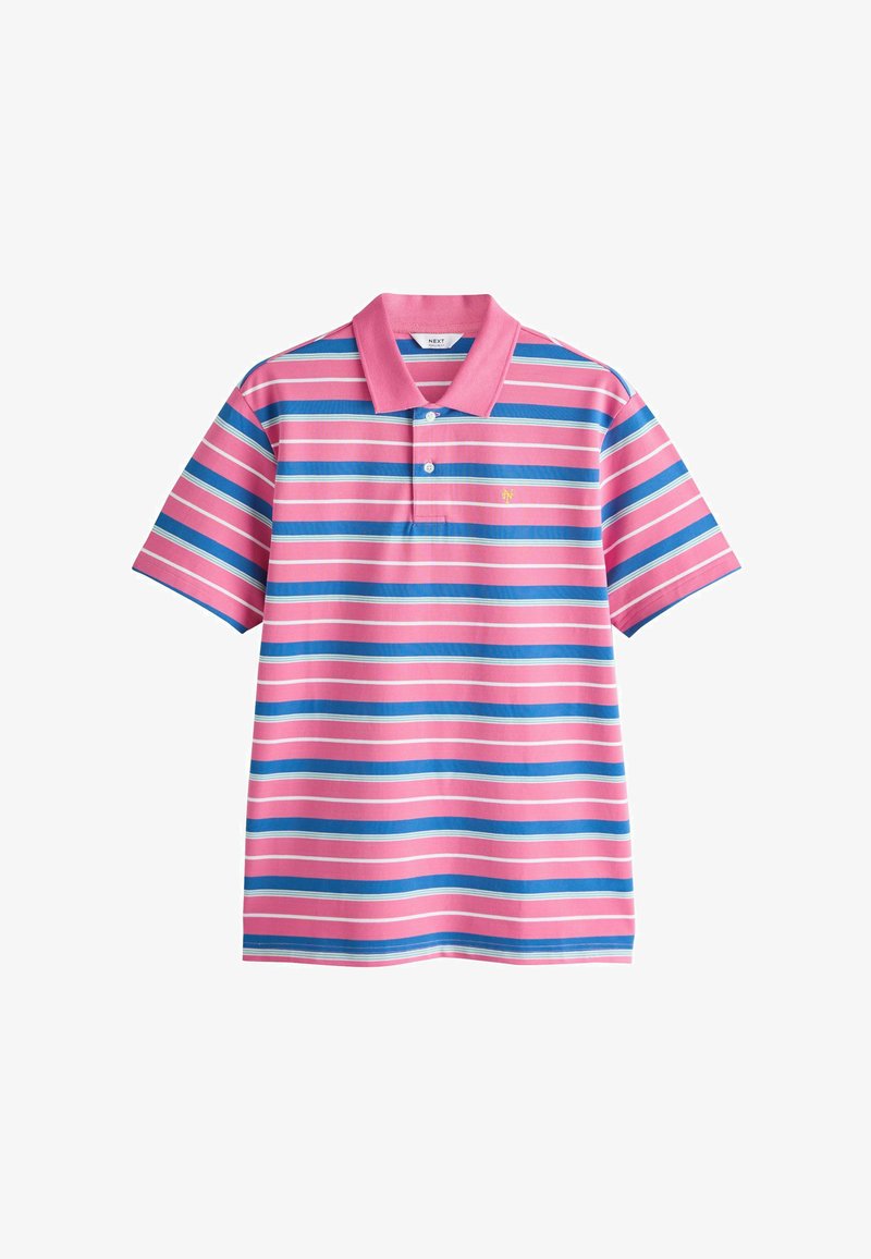 Polo à manches courtes avec des rayures horizontales roses, bleues et blanches et un col rose uni, avec un petit logo jaune brodé.