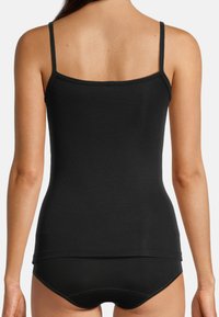 Black tank top with thin straps, featuring a fitted design and soft, stretchy fabric. Paired with matching black underwear.