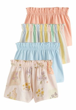 Vier Sets Kinderkurzshorts in Pastellfarben: Koralle, Hellblau, Grün und Gelb. Das pinke Paar zeigt Blumenmuster mit Kaninchen.
