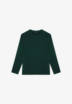 T-paita pitkähihaisena tummanvihreänä, valmistettu pehmeästä kankaasta, pyöreällä kaula-aukolla ja rennolla istuvuudella sivurei'illä.