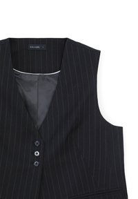 Schwarze Nadelstreifenweste mit ärmellosem Design, ausgestattet mit einem Fünf-Knopf-Verschluss, Spitzkragen und einem glatten Innenfutter.