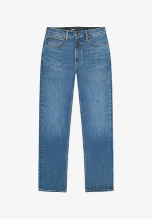 Blue straight-leg denim jeans with front pockets, belt loops, and button closure, displayed flat on a white background.