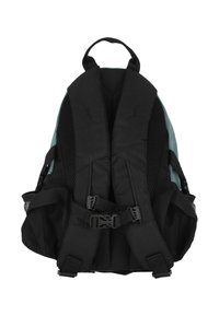 Črno-zelena nahrbtnik, viden od zadaj, z oblazinjenimi naramnicami, nastavljivim prsni zapenjalom in stranskimi žepi z mrežastimi vložki.
