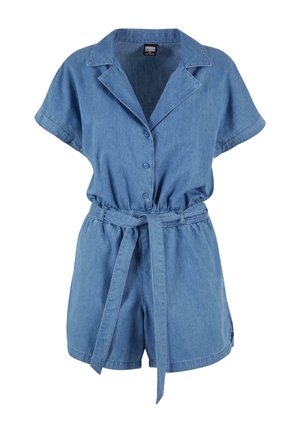 Mono de mezclilla en azul claro. Manga corta, cuello, con botones en la parte delantera, cintura elástica y cinturón de tela a juego. Diseño casual con pantalones cortos.