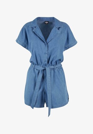 Džínová kombinéza svetlomodrej farby. Krátke rukávy, golier, zapínanie na gombíky vpredu, elastický pás a opasok z rovnakého materiálu. Neformálny dizajn s šortkami.