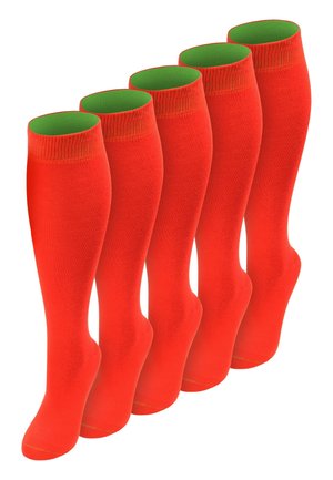 Fünf Paar leuchtend rote knielange Socken mit grünen Innenbündchen, in einer Reihe auf weißem Hintergrund angeordnet.