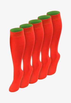 Fünf Paar leuchtend rote knielange Socken mit grünen Innenbündchen, in einer Reihe auf weißem Hintergrund angeordnet.