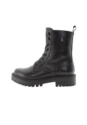 Black leather ankle boot with lace-up design, round toe, thick rubber sole, and an embossed logo on the side. Textured finish.