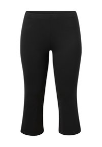 Leggings capri neri realizzati in tessuto elastico. Presentano una vita alta e cuciture lisce, offrendo una silhouette aderente.