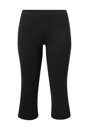 Černé capri legíny vyrobené z elastického materiálu. Mají vysoký pas a hladké švy, což zajišťuje přiléhavý střih.