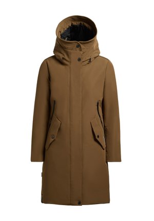 Hnědý izolovaný kabát s kapucí, s předním zipem, dvěma bočními kapsami a černými akcenty. Hladká textura a elegantní design.