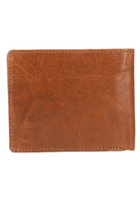 Brown leather wallet with a textured surface, rectangular shape, and visible stitching along the edges. No visible hardware or patterns.