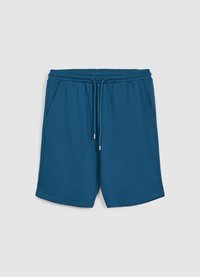 Pantaloncini blu in misto cotone con vita elasticizzata, coulisse e due tasche laterali. Tessuto liscio, lunghezza sopra il ginocchio.