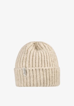 Cream-colored knitted beanie with a ribbed texture and a folded brim. Features a small label on the side. Soft, warm material.