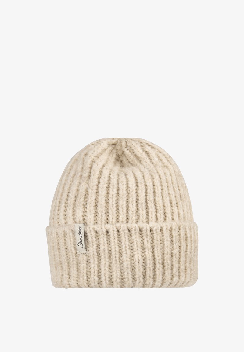 Cremfarbener, gestrickter Beanie mit gerippter Textur und umgeschlagenem Saum. Mit einem kleinen Etikett an der Seite. Weiches, warmes Material.