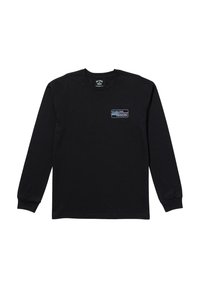 Black long-sleeve t-shirt made of cotton. Features a small logo on the left chest in blue and white. Soft texture and relaxed fit.
