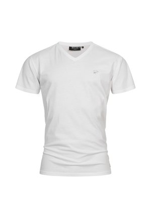 T-shirt blanc en V, fabriqué en coton doux, avec des manches courtes et un petit logo imprimé sur la zone de la poitrine gauche. Design simple et léger.