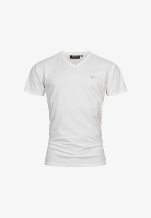 T-shirt bianco a scollo a V realizzato in morbido cotone, con maniche corte e un piccolo logo stampato sulla parte sinistra del petto. Design semplice e leggero.