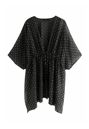 Schwarzes, durchscheinendes Kimono-Oberteil mit silbernem Punktemuster, weiten Ärmeln und einer vorderen Bindung an der Taille.