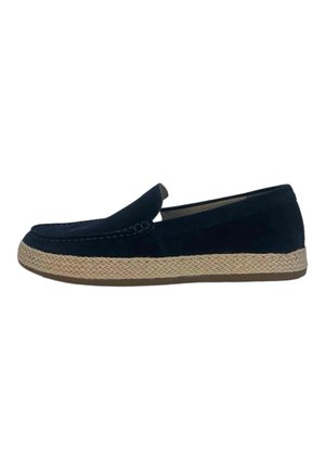 Zapato de slip-on azul marino con suela de yute trenzada, textura suave, puntera redondeada y sutil detalle de costura a lo largo de la parte superior.