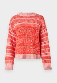 Red and pink knit sweater featuring textured patterns, horizontal stripes, a round neckline, and ribbed cuffs and hem.