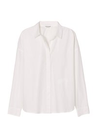 Camicia bianca a maniche lunghe realizzata in tessuto morbido, con colletto classico, chiusura a bottoni e vestibilità leggermente rilassata con polsini a sbuffo.