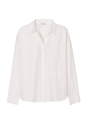 Weißes Langarmhemd aus glattem Stoff, mit klassischem Kragen, Knopfleiste und leicht lockerer Passform mit umgeschlagenen Handgelenken.