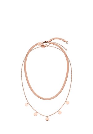 Zwei geschichtete Halsketten aus Roségold, eine flache Kette, die andere zart mit fünf kleinen Scheibenanhängern.