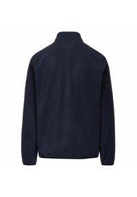 Giacca in pile navy con colletto alto, maniche lunghe e una texture liscia. Nessun hardware o motivo visibile sul retro.