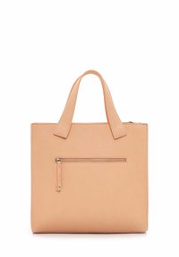 Borsa rettangolare in pelle beige con due manici, superficie texturizzata e tasca frontale con zip e tirante in pelle.
