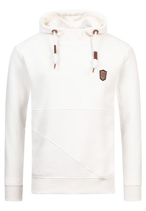 White hooded sweatshirt made of cotton blend. Features drawstrings, a logo patch, and textured diagonal seams on the front.