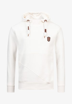 Biała bluza z kapturem wykonana z mieszanki bawełny. Posiada sznurki w kapturze, naszywkę z logo oraz teksturowane ukośne szwy na przodzie.