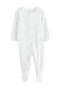 White baby onesie with long sleeves, front zipper, and duck pattern in light gray. Features footed design and soft, smooth fabric.