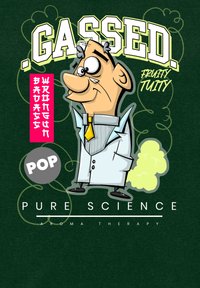 Tecknad karaktär i en vit labbrock, gul slips och grått hår. Grön bakgrund med texten "GASSED" och rökiga moln, cirkulär "POP"-logotyp.