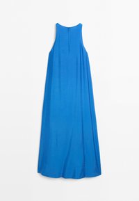 Sleeveless blue maxi dress with high round neckline and back zipper closure, shown from the back on a white background.