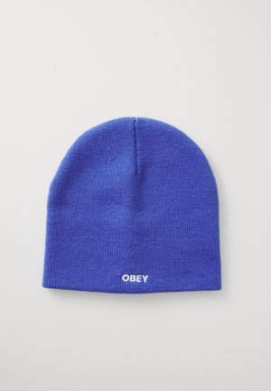 Blue beanie hat made of knit material. Features a stitched label with "OBEY" in white. Rounded top and ribbed texture.