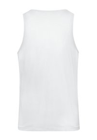 Biały bawełniany top bez rękawów z zaokrąglonym dekoltem i gładkimi krawędziami, o jednolitej teksturze, bez widocznych wzorów czy zdobień.