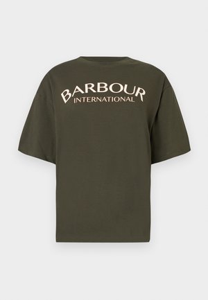 Olive green oversized t-shirt made of cotton, featuring a cream-colored graphic "BARBOUR INTERNATIONAL" on the back, short sleeves, and a round neck.