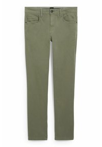 Gröna bomullsslim-fit byxor med fem fickor, knäppning med knapp och bälteshällor. Slät textur med subtila sömdetaljer.