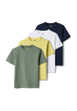 Vier schlichte kurzärmelige T-Shirts mit Rundhalsausschnitt in Olivgrün, Pastellgelb, Weiß und Marineblau, übereinander in versetzter Anordnung.