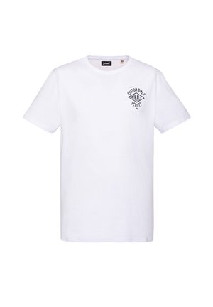 Weißes T-Shirt mit kurzen Ärmeln und Rundhalsausschnitt, mit kleinem schwarzem "Custom Biker Winall Schott NYC"-Logo auf der linken Brustseite.