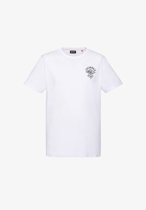 T-shirt bianca a maniche corte con collo rotondo, con piccolo logo nero "Custom Biker Winall Schott NYC" sul petto a sinistra.