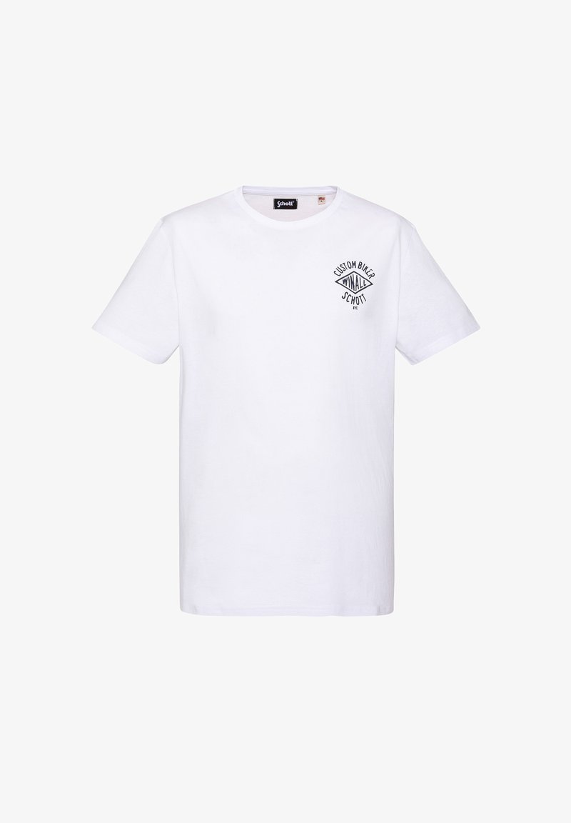 T-shirt blanc à manches courtes avec col rond, arborant un petit logo noir "Custom Biker Winall Schott NYC" sur la poitrine gauche.