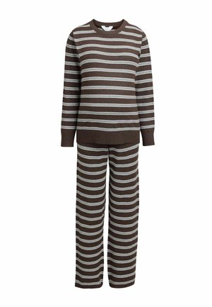 Brown knit long-sleeve top and wide-leg pants with thin horizontal white stripes in a matching set.